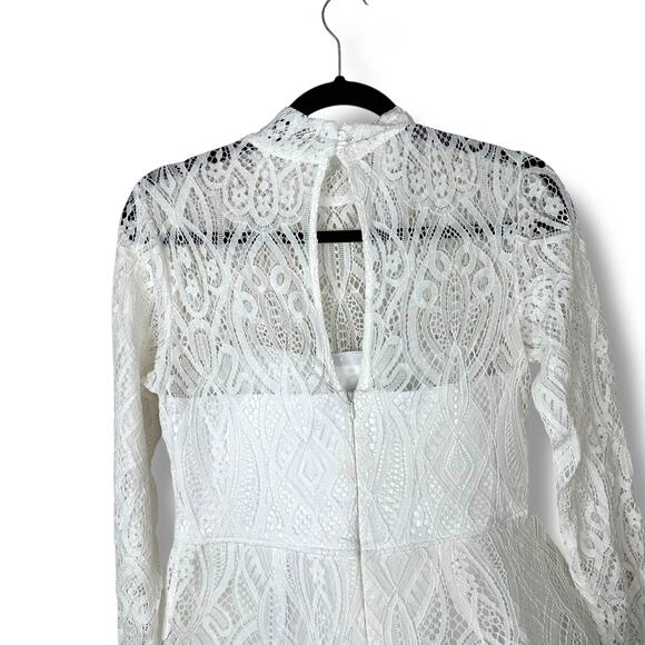 Lulus NWT Gorgeous Attraction White Sheer Lace Structured Long Sleeve Mini Dress - Picture 8 of 11